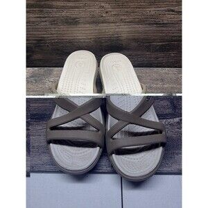 CROCS Patricia Wedge Slide Sandal Womens 5 Khaki & Pearl White Style #10386 EUC